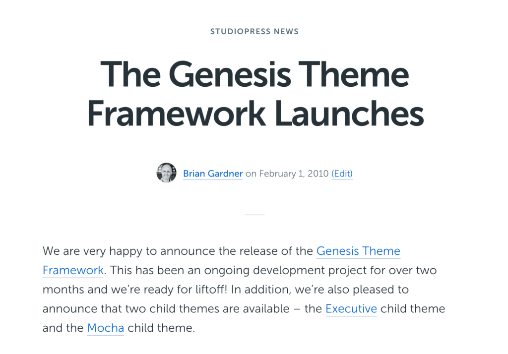 Genesis Theme Launch post from 2010