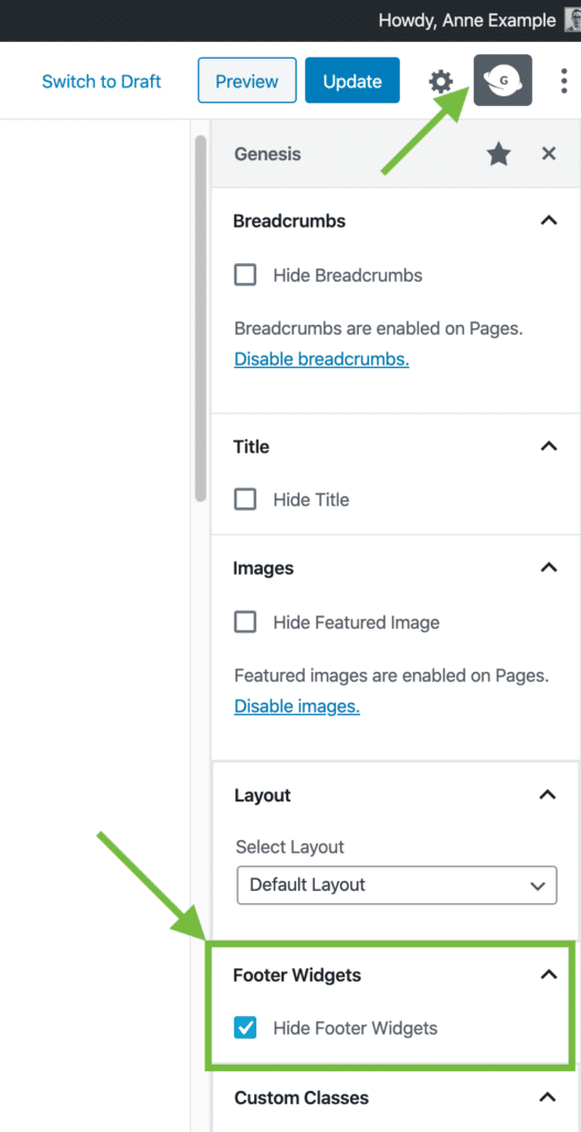 The Genesis sidebar active in the WordPress block editor with the new “Footer Widgets” panel highlighted and the “Hide Footer Widgets” checkbox active.
