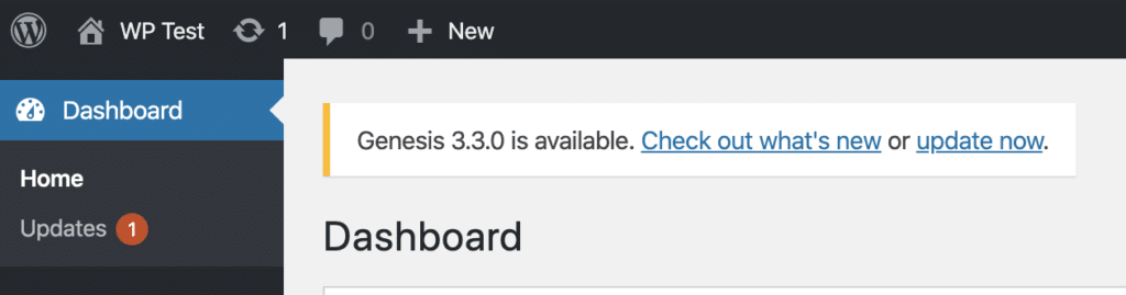 A prompt in the WordPress admin area showing that Genesis 3.3 is available.