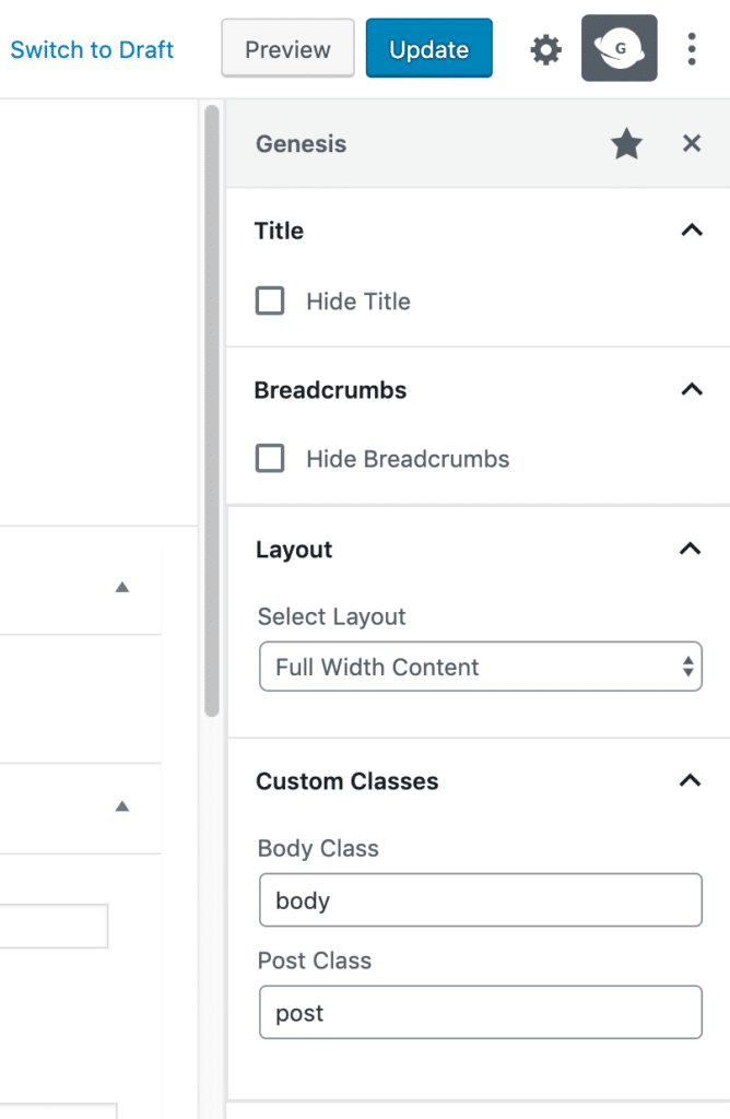 The new Genesis sidebar in the block editor with Hide Title, Hide Breadcrumbs, layout selection and custom classes input fields.