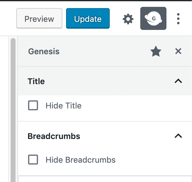 The Hide Title and Hide Breadcrumbs options in the Genesis sidebar for the block editor.