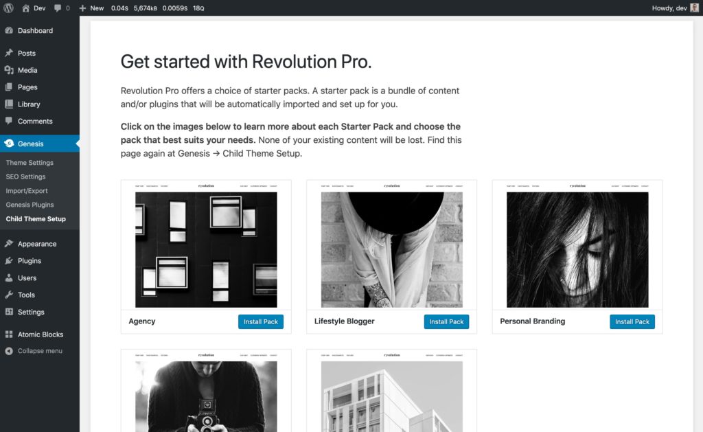 Revolution Pro getting started admin page showing a choice of starter packs.